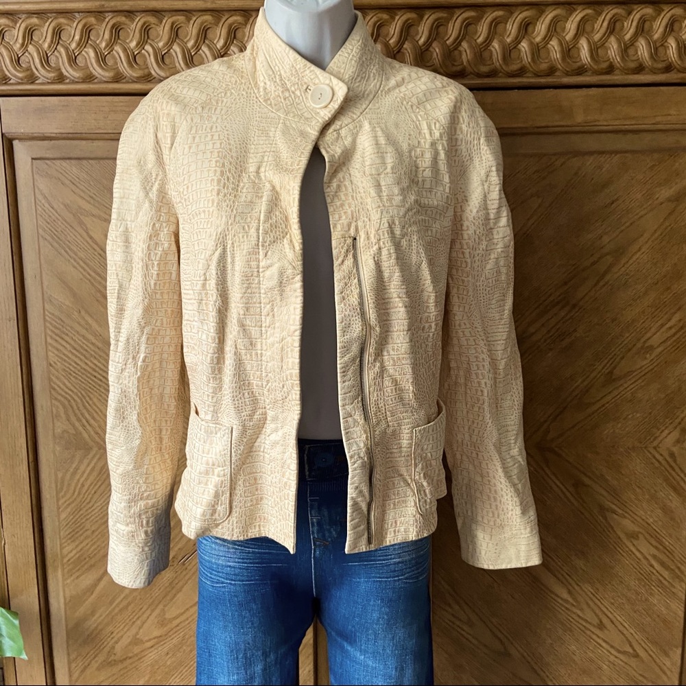 Tesori Cream Gold Crocodile Print leather jacket